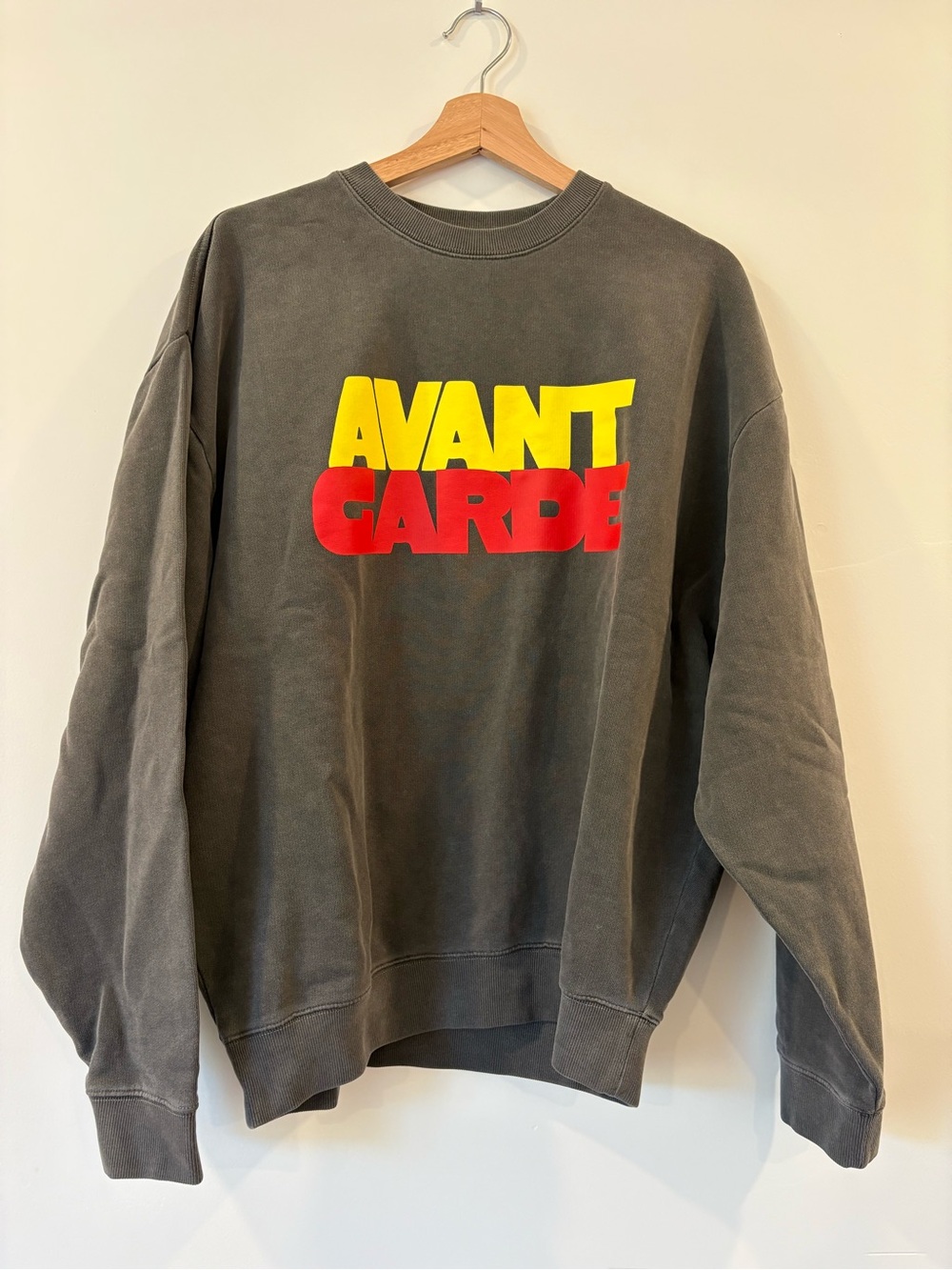 Clare V. โAvant Gardeโ Graphic Crewneck Sweatshirt - Gray with Yellow & Red Logo
